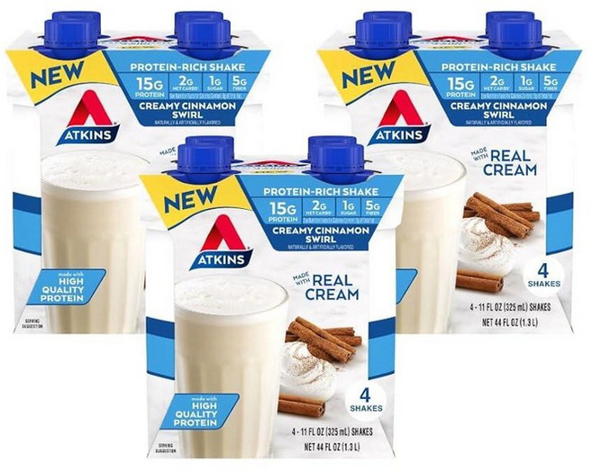 Atkins Best Sellers 단백질 쉐이크 버라이어티 팩 딸기 바닐라 및 밀크 초콜릿 맛 쉐이크 15g 섬유 3g GLP-1 친화적 12개입128822, 크리미 시나몬 소용돌이, 325ml