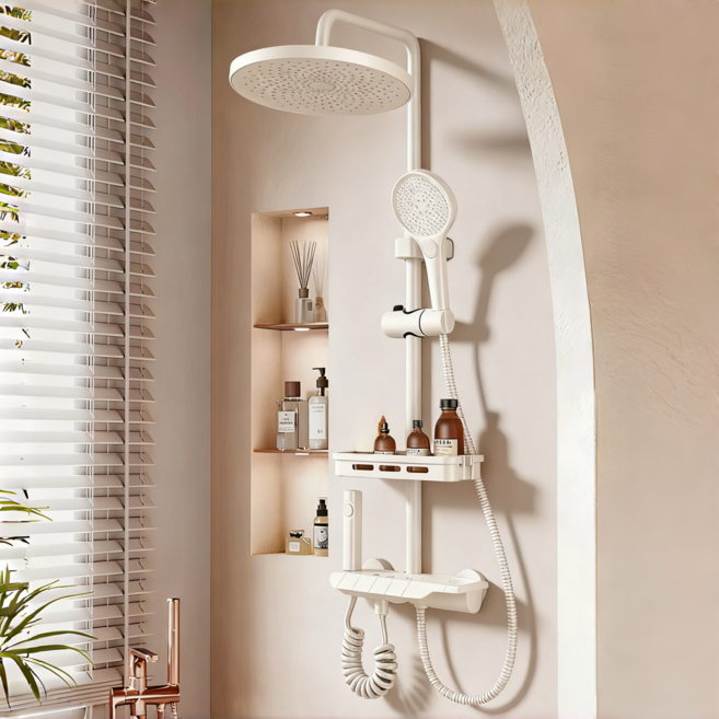 YAPOGI 크림화이트 피아노 키 항온 선반형 해바라기 샤워수전, 밀크 화이트+원형 탑 A, 1세트