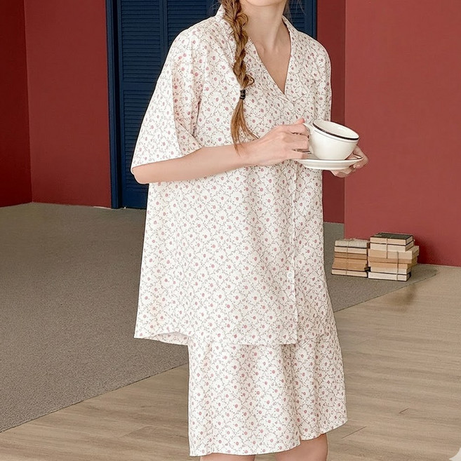 MARIQUE 여성 로즈 플라워 반팔 잠옷 파자마