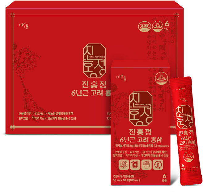 비웰 진홍정 6년근 고려 홍삼 스틱 10ml x 30포 1박스, 30개