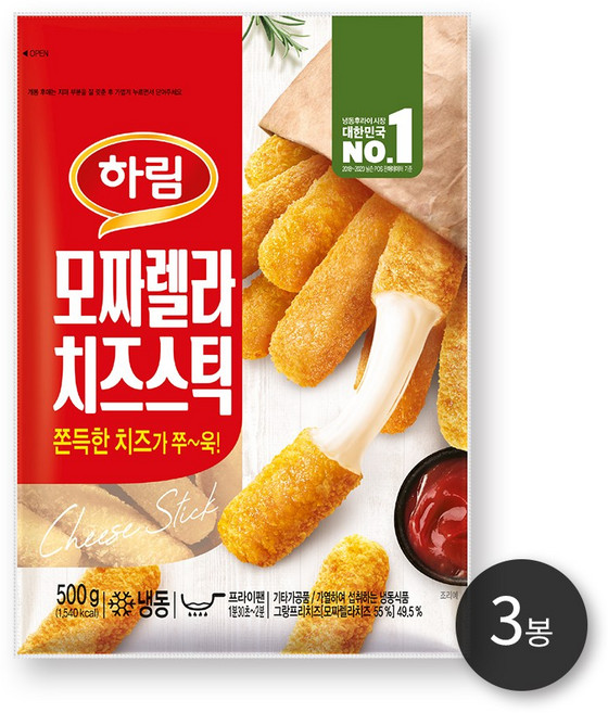 하림 모짜렐라 치즈스틱 500g, 3개