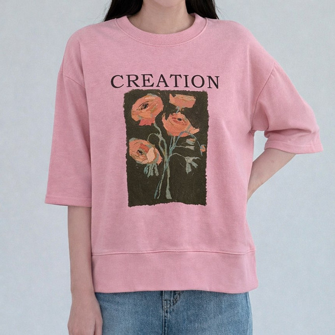 유화 플라워 프린팅 7부 소매 반팔 맨투맨 티셔츠