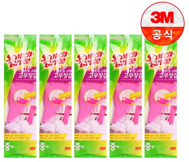 스카치브라이트 황토 숯 고리형 고무장갑, 중(M), 5개