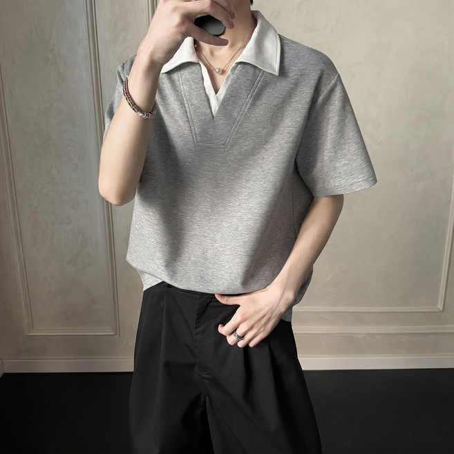 ANYOU 남성 오버핏 코튼 V넥 반팔 티셔츠 여름 배색 2in1 투피스 디자인 티셔츠