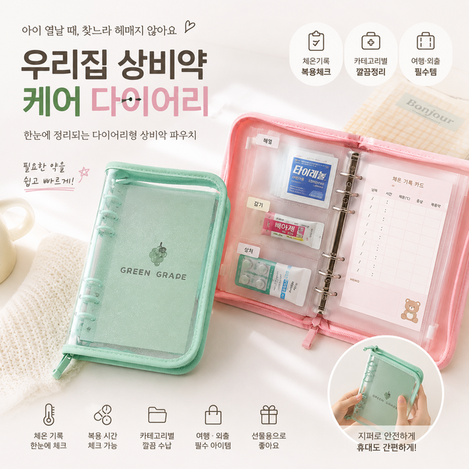 상비약 다꾸 다이어리 지퍼백 파우치 여행용 비상약 정리 케이스 (케이스 + 포켓 7장 포함), 1개, 민트