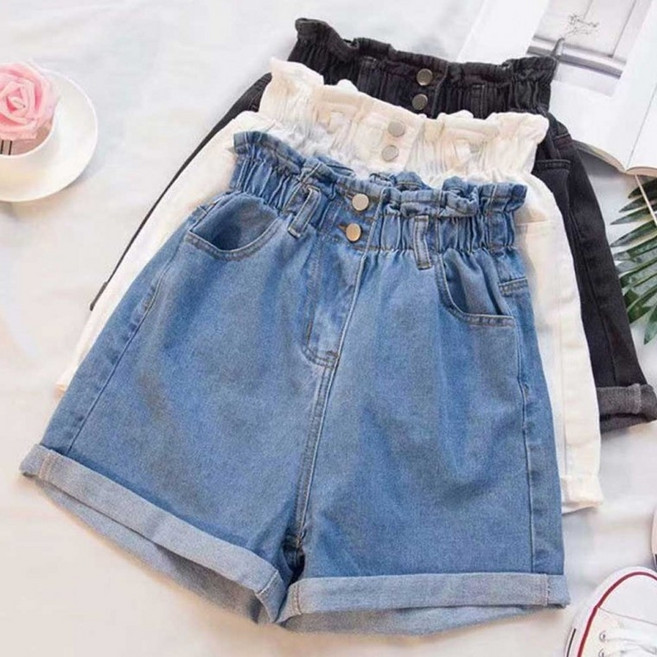 쫑쫑이의 HARU 투버튼 여성 데님 반바지 밴딩 청반바지 RNR-0047