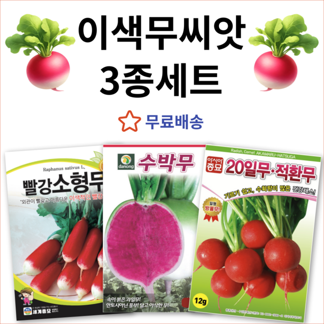이색무 씨앗 3종세트 과일무 래디시 빨강소형무 종자 방울무 수박무 래디쉬 미니무 빨간무 씨앗 종자, 1개