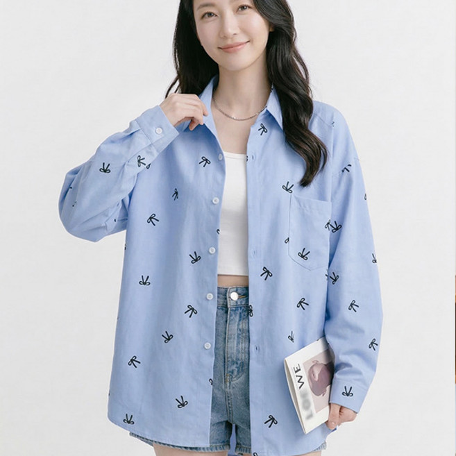 나바바 NB3066 여성 캐주얼 산뜻 리본 패턴 루즈핏 긴팔 셔츠