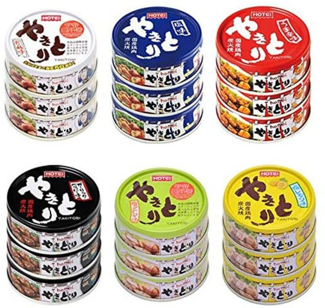 호테이푸드 통조림 세트 야키토리 3캔×6종류 18캔 양념 짭짤한 맛 갈릭페퍼 유자 후추 소금레몬 안주 보존 비상식, 1개, 1g