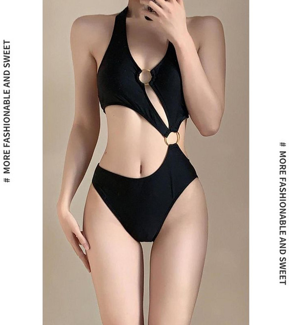 女款性感高腰比基尼連體泳衣 夏日度假辣妹沖浪, 1個, -黑色-M（90-100斤）