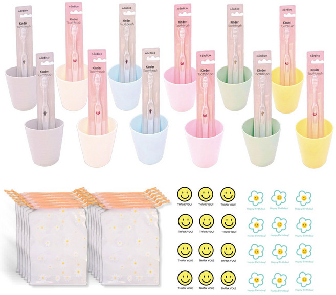 미포리댁 어린이집 생일 답례품 선물 유치원 졸업 입학 구디백 양치컵 칫솔, 12개, 양치컵+칫솔+데이지 조리개