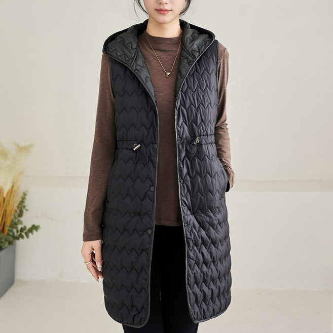 후암마켓 여성 롱 스트링 퀄팅 패딩 가벼운 후드 베스트 누빔 조끼