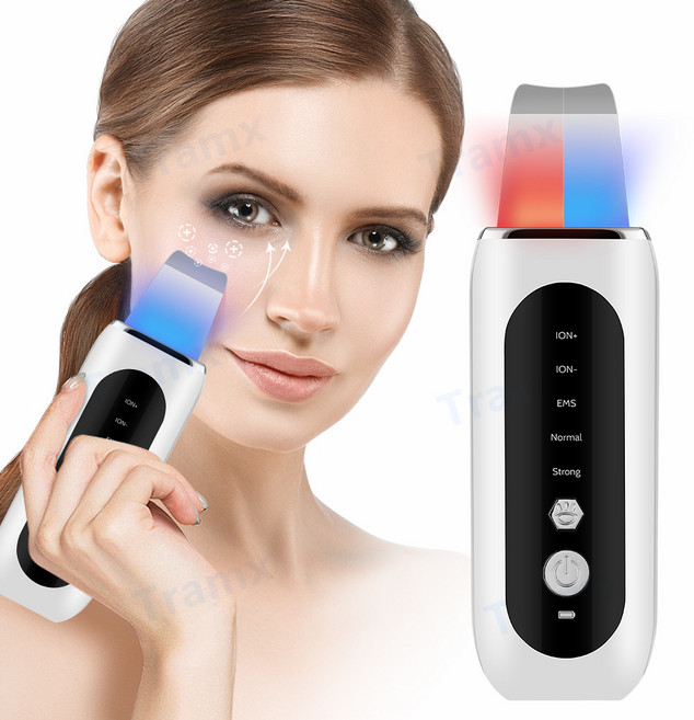 Tramx EMS 갈바닉 워터필링기 초음파 피지 각질제거 딥청결 홈케어 usb식충전, 화이트