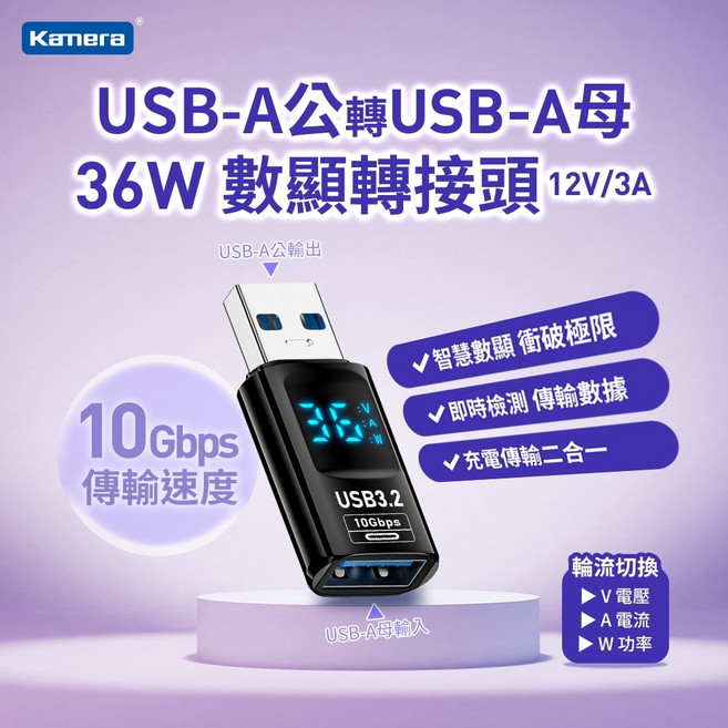 Kamera USB-A公轉USB-A母 36W 數顯轉接頭, 1個, USB-A公轉USB-A母 數顯轉接頭