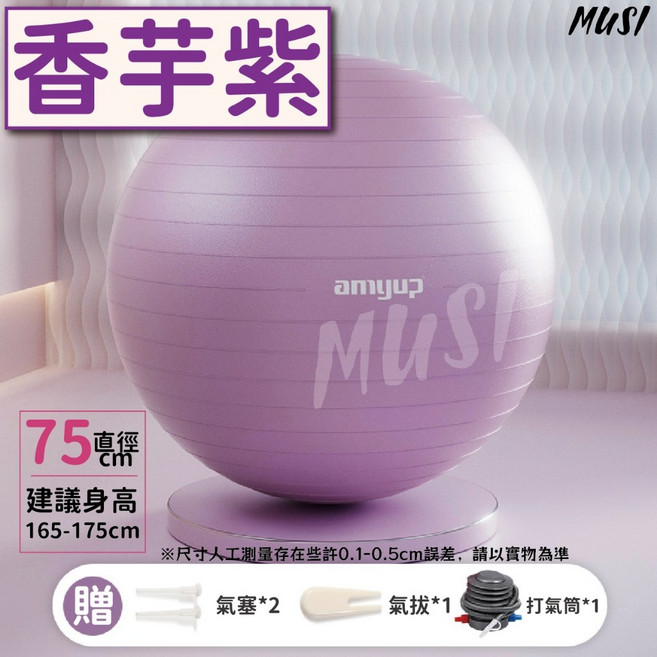 瑜珈球 皮拉提斯 75cm加厚防爆瑜珈球 附充氣用品 彈力球 瑜伽 居家健身, 瑜珈球-75cm香芋紫(實際顏色較淺)