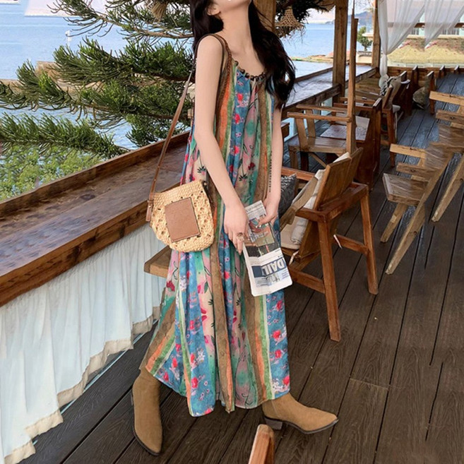 슬림소녀 여성 여름 해변 바캉스 플라워 나시 원피스 보헤미안 에스닉 롱스커트