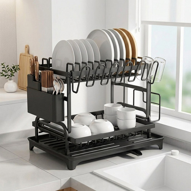 주방 식기 건조대 수납 선반 다용도 정리 거치대, 1세트, 블랙, 2단