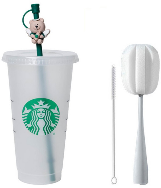 스타벅스 리유저블 콜드컵 710ml+빨대마개+빨대세척솔+텀블러세척솔 세트, 엔젤베어컵 세트, 1개