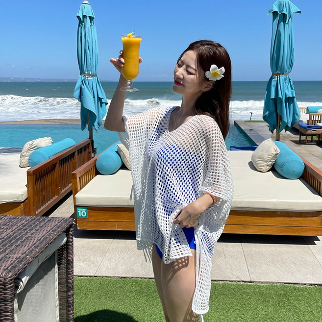 [44-88]로지 언발 루즈핏커버업 비키니 수영복 여름니트 비치웨어 커버탑 그물니트