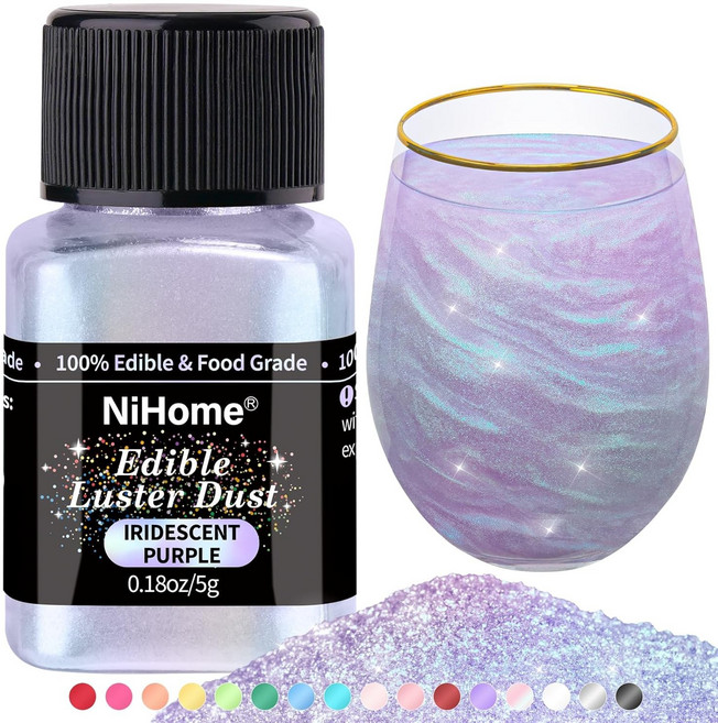 NiHome 식용 글리터 파우더 글리머 광택 더스트 음식 장식 와인 음료 케이크 디저트 스프링클 반짝이 5g 색상다양, 5g/0.18oz, 무지갯빛 퍼플