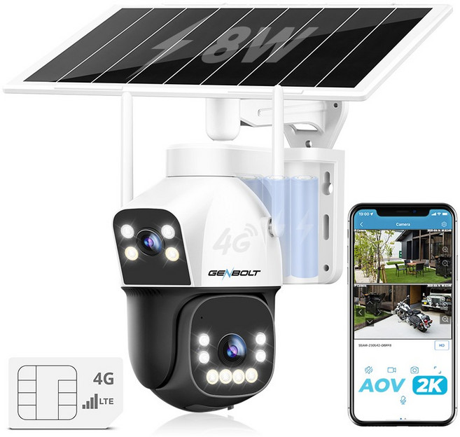 Genbolt 태양광 듀얼 렌즈 실외용 CCTV 충전식 무선 감시 카메라 추적감시 4G AOV PTZ IP66 15600mAh 8W 한글앱 와이파이 필요 없음, 1