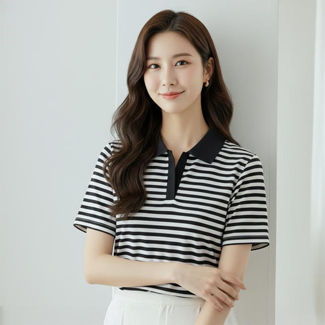 데일로엔 여성 스트라이프 카라 반팔 데일리 여름 티셔츠