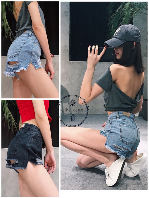高腰破壞感牛仔熱褲 顯瘦性感破臀歐美流行心機微開叉腿長