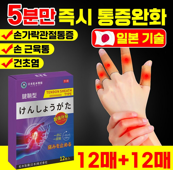 [본토 출하] 손가락 관절 패치 손목 통증 완화 근육 불편함 감소 손 케어 보호 포장증정, 1개, 12개입