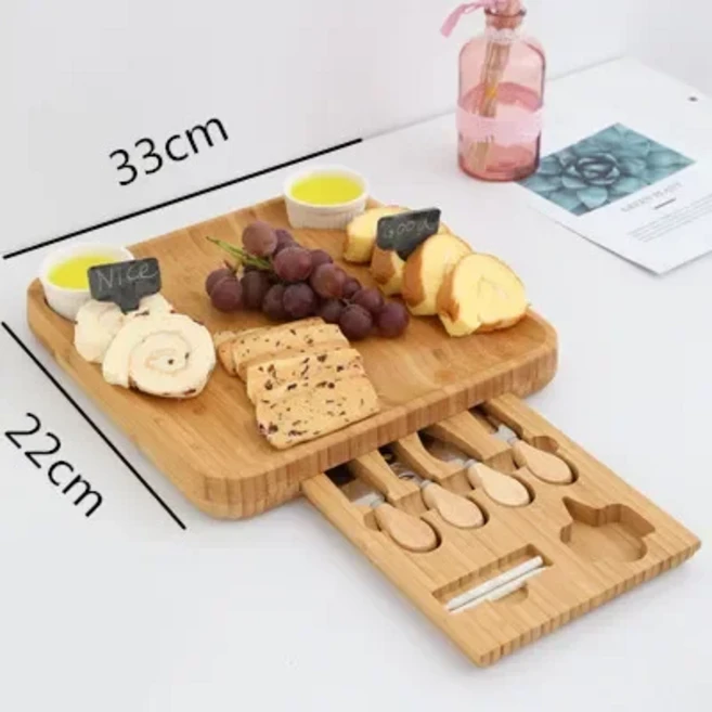 슬라이드 아웃 서랍이 있는 고기 서빙 보드 4개의 칼이 나무 치즈 케이크 세트 커트러리 샤퀴테리 플래터, 08 1 board 4 knife