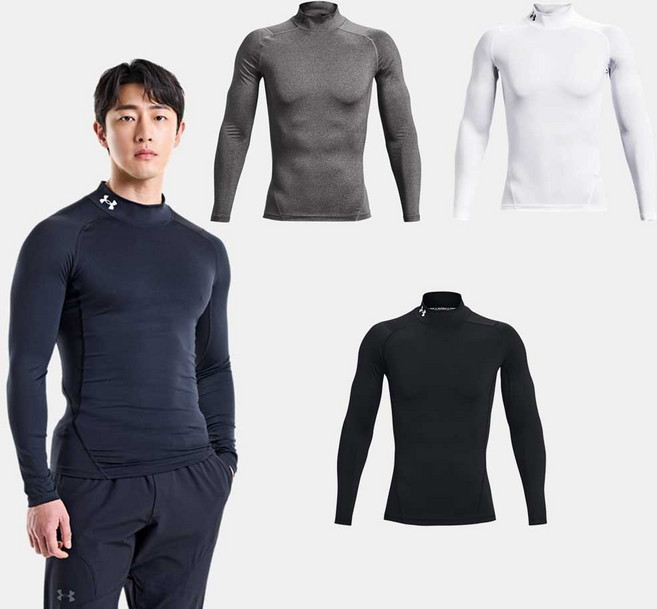 언더아머 기능성웨어 남자 타이트핏 긴팔티 무지 머슬핏 헬스복 언더레이어 모크넥 셔츠