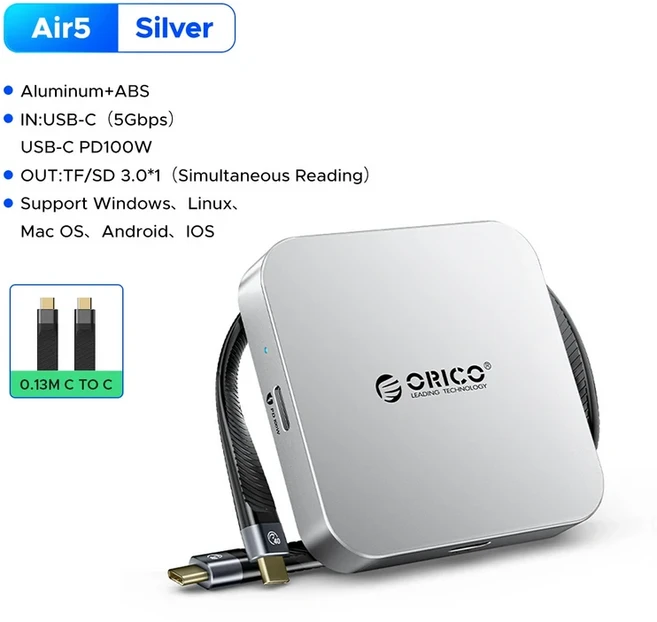 ORICO 마그네틱 USB C 허브 SD/TF 카드 리더기 맥세이프 폰 PC 도킹 스테이션 PD100W SD TF 카드 어댑터 아, 01 Air5-SV