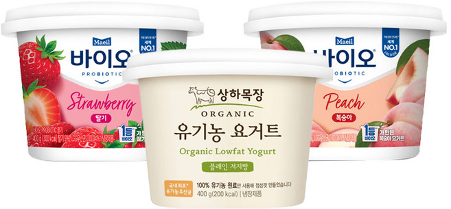 매일바이오 프로바이오틱400g 딸기1개＋복숭아1개＋상하목장 유기농요거트 플레인저지방400g 1개/냉장무배