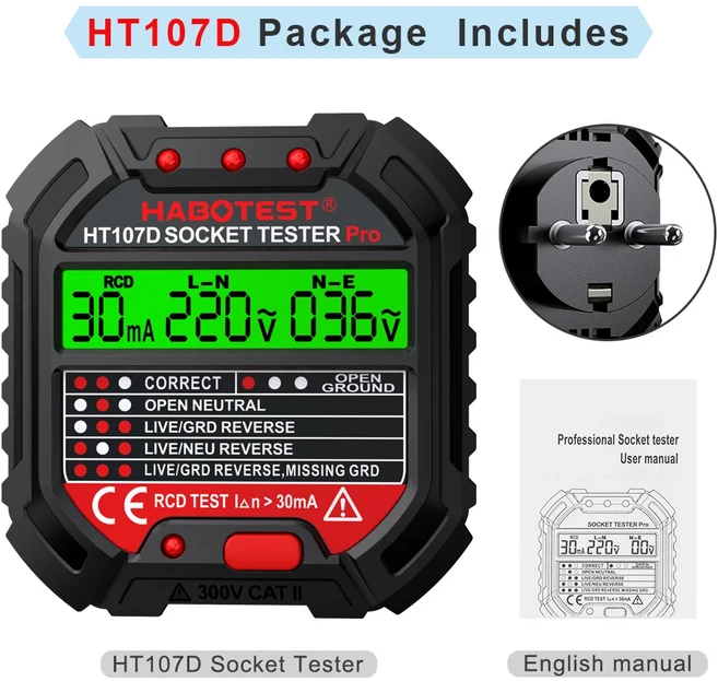 HABOTEST HT107 Pro 소켓 테스터 전압 감지기 EU 플러그 접지 제로 라인 극성 위상 확인, 01 HT107D EU Plug, 1개