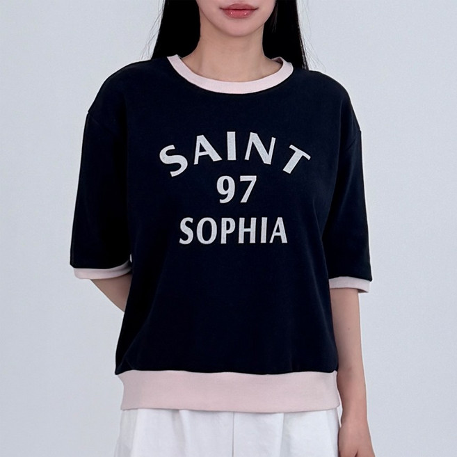 세인트 배색 레터링 루즈핏 반팔 맨투맨 티셔츠