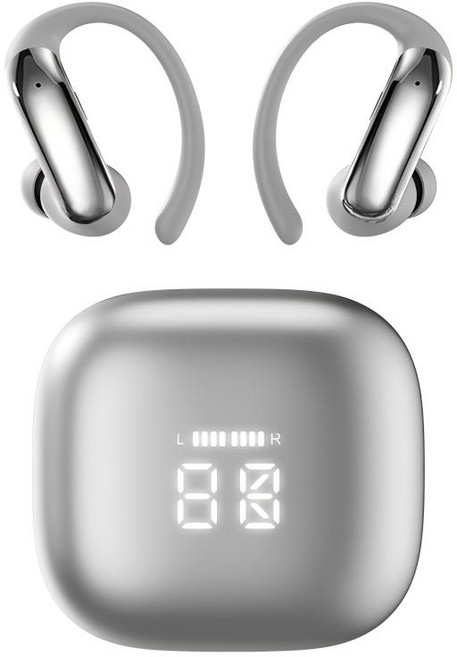 SOULBOOM 걸이형 노이즈캔슬링 블루투스 이어폰 V6.0 OWS 디지털 디스플레이 고음질 무선 이어폰 갤럭시 호환 편안한 착용, 실버, M145