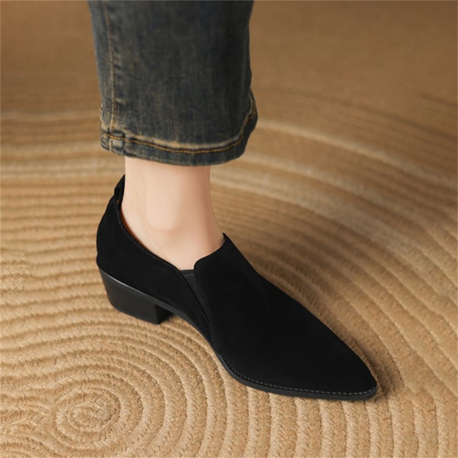 Vezri 여성 봄 가을 편안한 무지 끝이 뾰족한 스웨이드 슬립온 캐주얼 플랫 슈즈