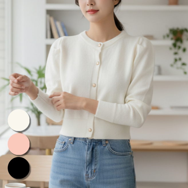 핏몬 여성 퍼프소매 라운드넥 크롭 니트 가디건