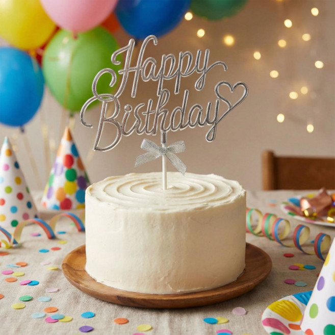 일루오슈 케이크 토퍼 생일 파티 축하 해피벌스데이, 1개, 실버