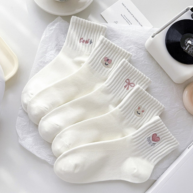 숑숑마녀 여성용 스포츠 중목 양말 심플한 디자인 데일리 패션 양말 5켤레