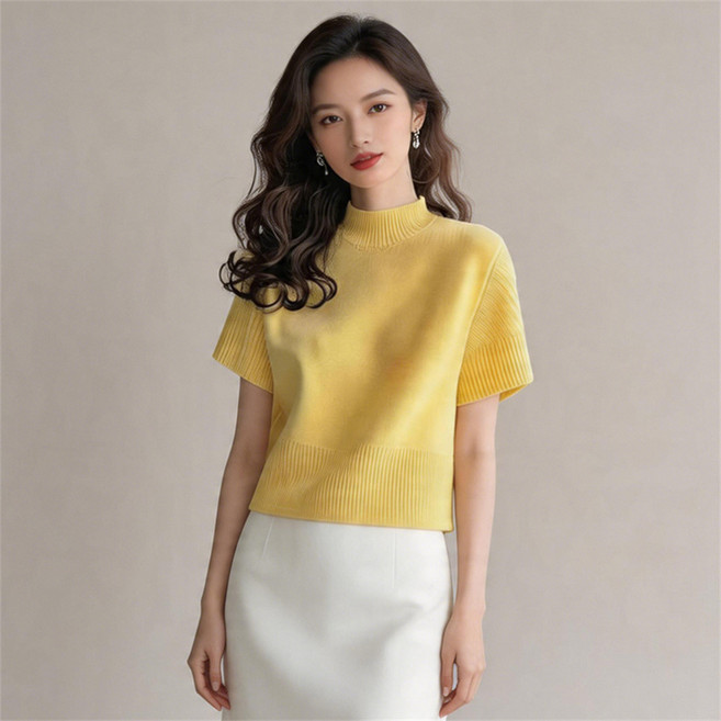 Vezri 여성 봄 여름 솔리드 반폴라 반팔 니트 티셔츠 심플 디자인