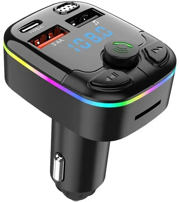 Car FM Transmitter PD Type-C Dual USB Ambient Player MP3 Bluetooth 5.0 Fast Charger Type-C Wireless, 01 Black