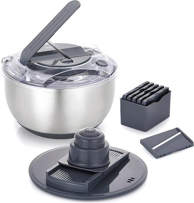 무디타 프로페셔널 304 스텐 믹싱볼 야채 탈수기 5L + 만능 채칼 6종 세트, 혼합색상, 1세트