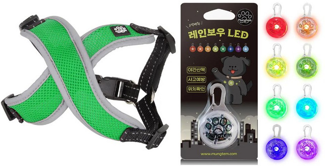 멍템 강아지 X 하네스 + 레인보우LED 세트, 1세트, 그린