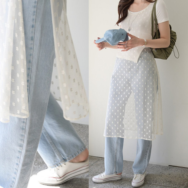 데일리앤 디얼 꽃무늬 쉬폰 레이스 시스루 레이어드 민소매 롱 원피스