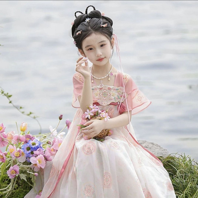漢服女童2026夏季新款女孩粉色公主連衣裙兒童國風超仙襦裙表演服