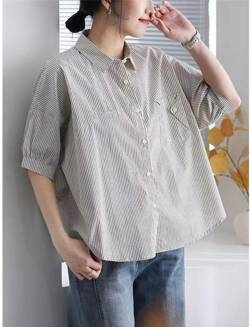 삼제태전 여름 여성용 빅사이즈 순면 스트라이프 5부 소매 셔츠 루즈핏