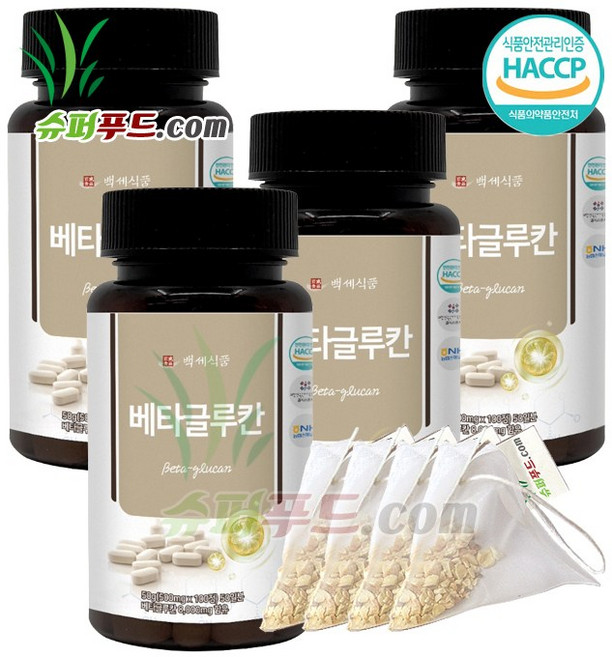 HACCP 식약처 인증 베타글루칸 베타글루칸발효식약청 베타글루칸식약처인증 발효효모 베타글루칸정 + 슈퍼푸드.com 연자육 티백, 4세트, (500mg x 100정 + 1g)