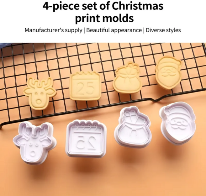 한우리 크리스마스 쿠키커터 4종 세트 | 산타/루돌프/선물/달력 모양, 4개, 화이트