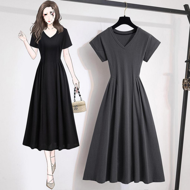 大碼連衣裙 V領收腰顯瘦長裙, 深灰色,2XL, 深灰色