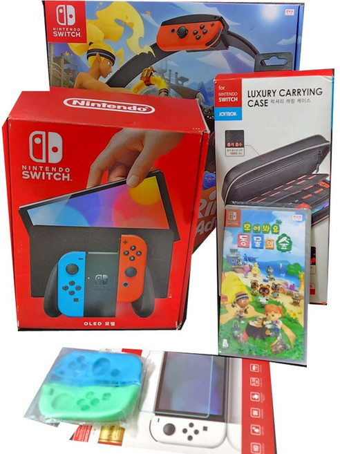 닌텐도스위치 OLED 풀세트+링피트 어드벤처 3종세트+동물의숲게임타이틀+사은품3종, 세트